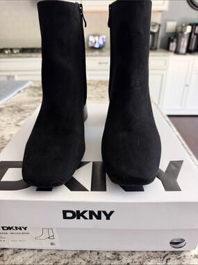 DKNY Black Suede Mid-Calf Block Heel Booties